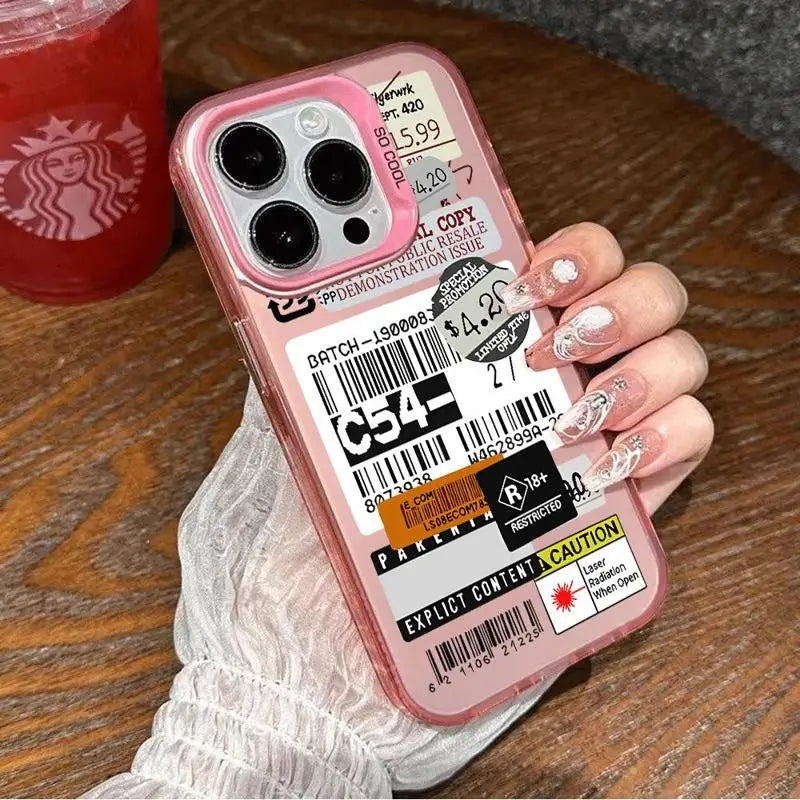 Funda con diseño de código de barras y collage de pegatinas para iPhone 13