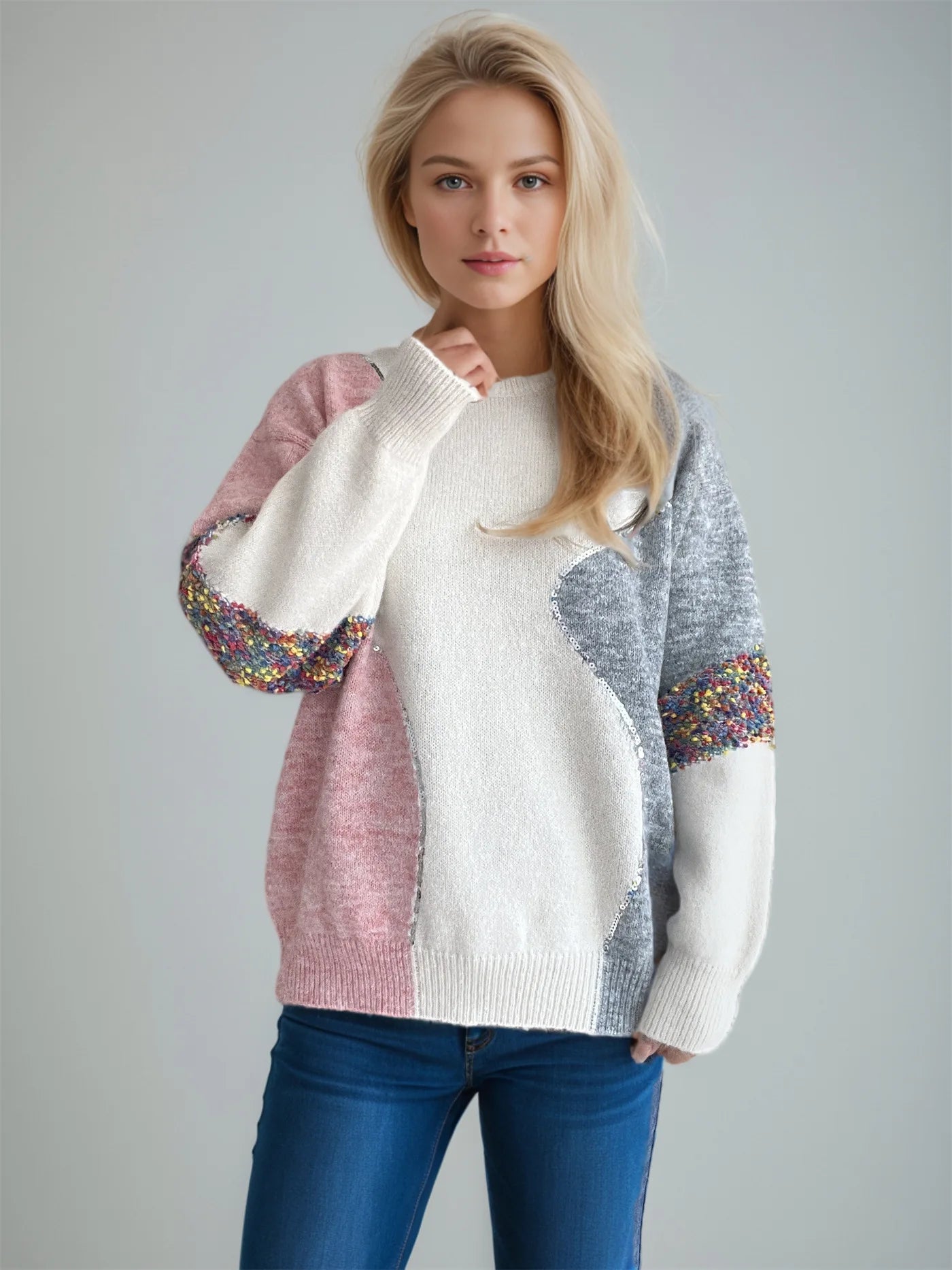 Maglione Design Patchwork con Dettagli Flock