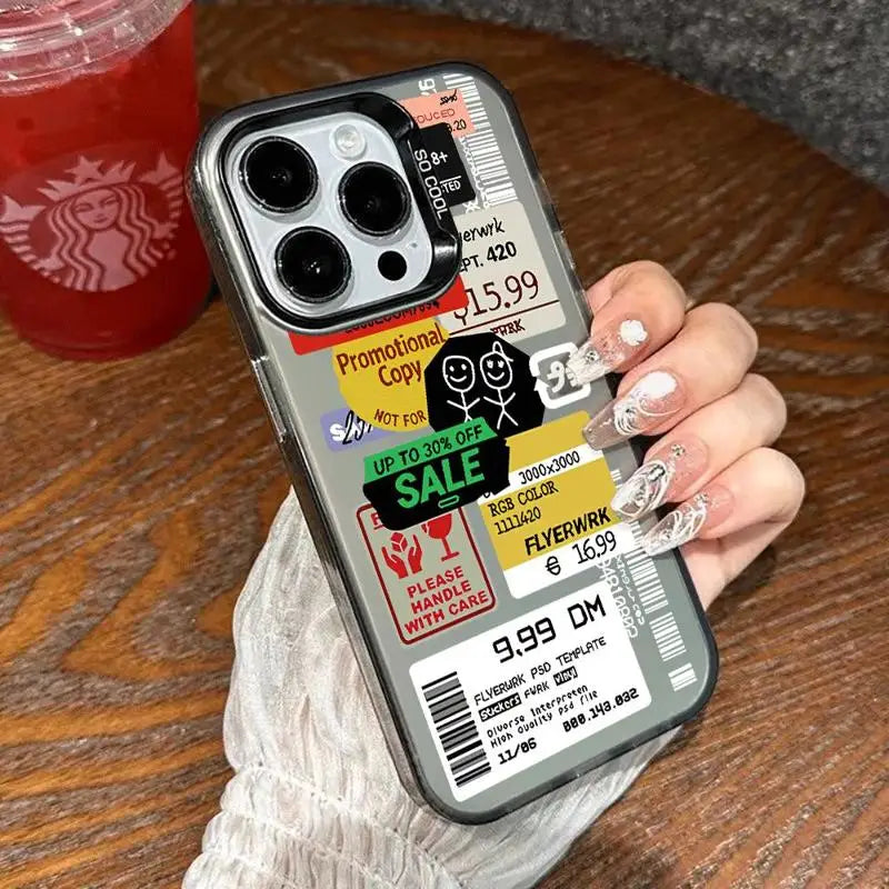 Funda con diseño de código de barras y collage de pegatinas para iPhone 13