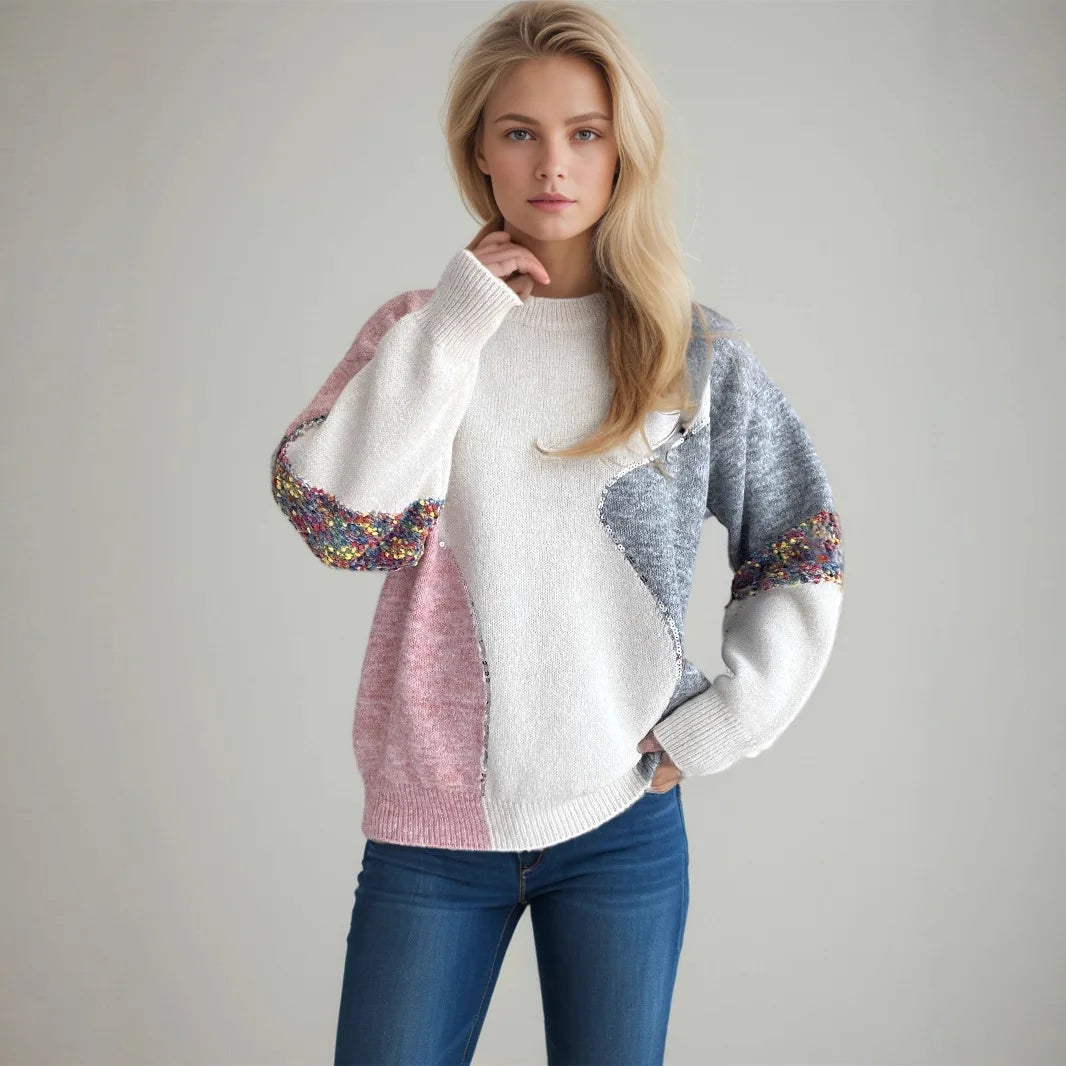 Maglione Design Patchwork con Dettagli Flock