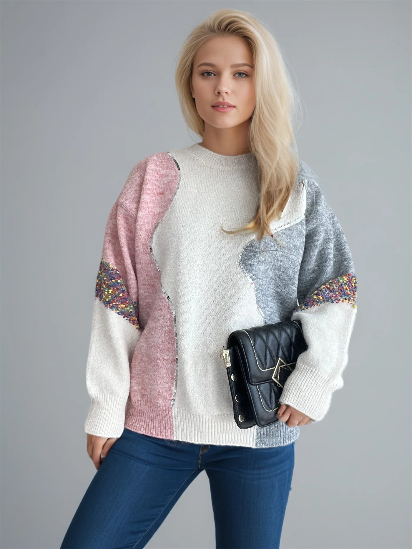 Maglione Design Patchwork con Dettagli Flock
