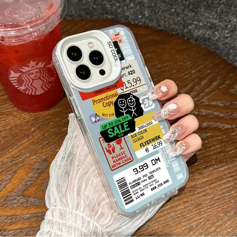 Funda con diseño de código de barras y collage de pegatinas para iPhone 13
