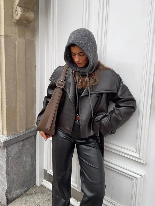 Giacca Donna in Pelle PU con Maxi Revers