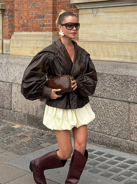 Giacca Donna in Pelle PU con Maniche a Lanterna