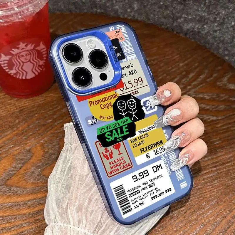 Funda con diseño de código de barras y collage de pegatinas para iPhone 13