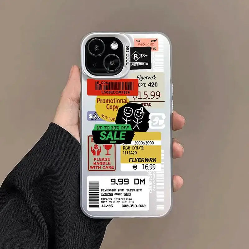 Funda con diseño de código de barras y collage de pegatinas para iPhone 13