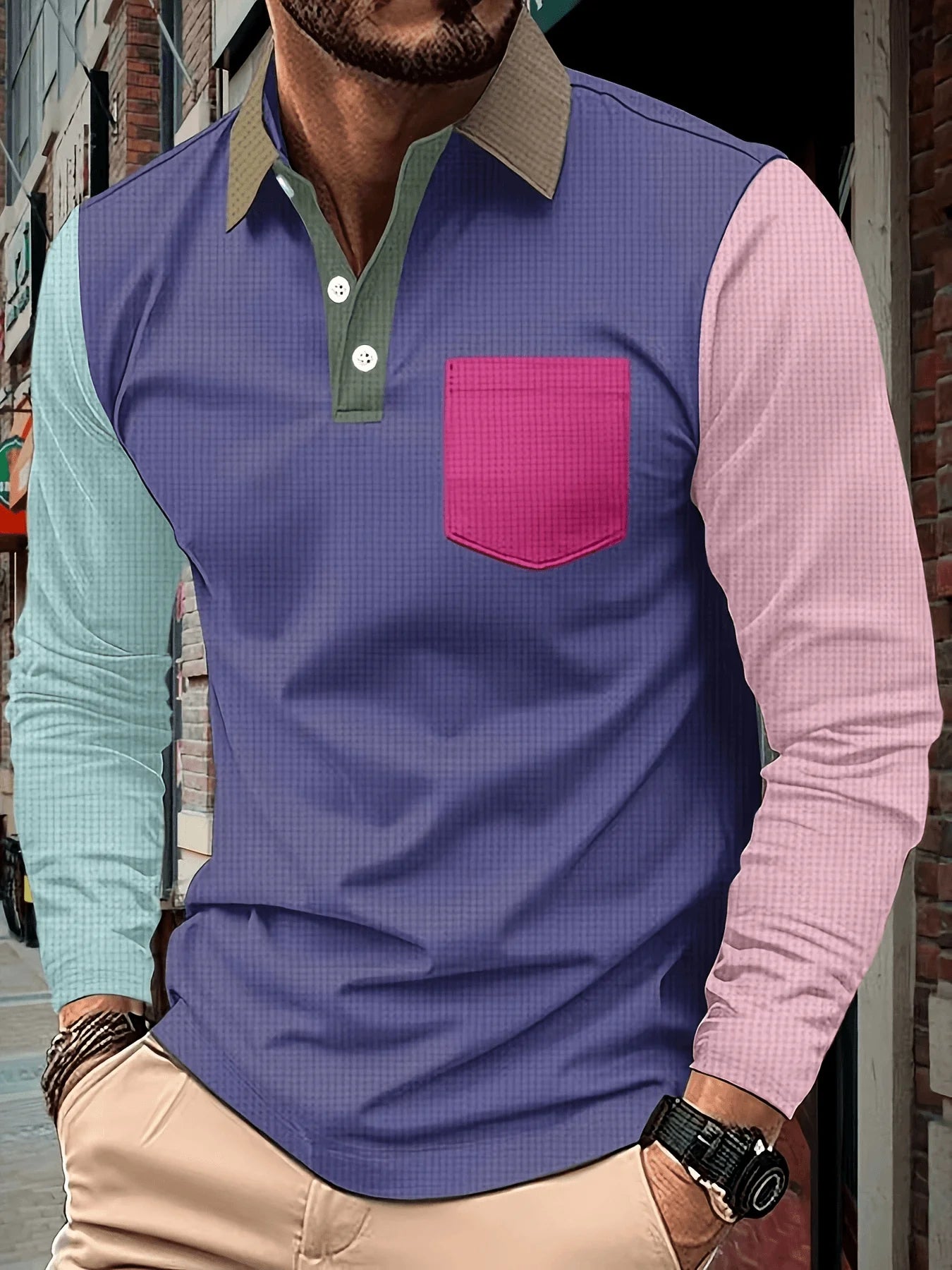 Polo Uomo Patchwork a Maniche Lunghe