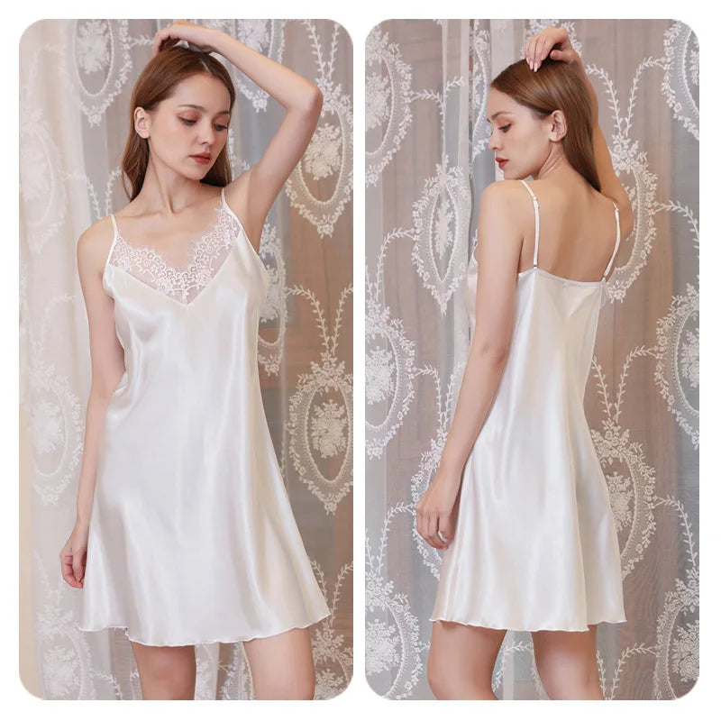 Camicia da Notte Satinata con Pizzo