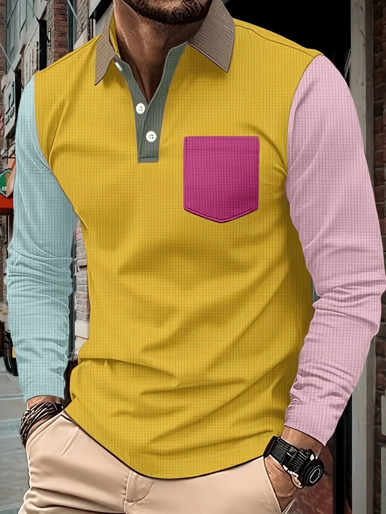 Polo Uomo Patchwork a Maniche Lunghe