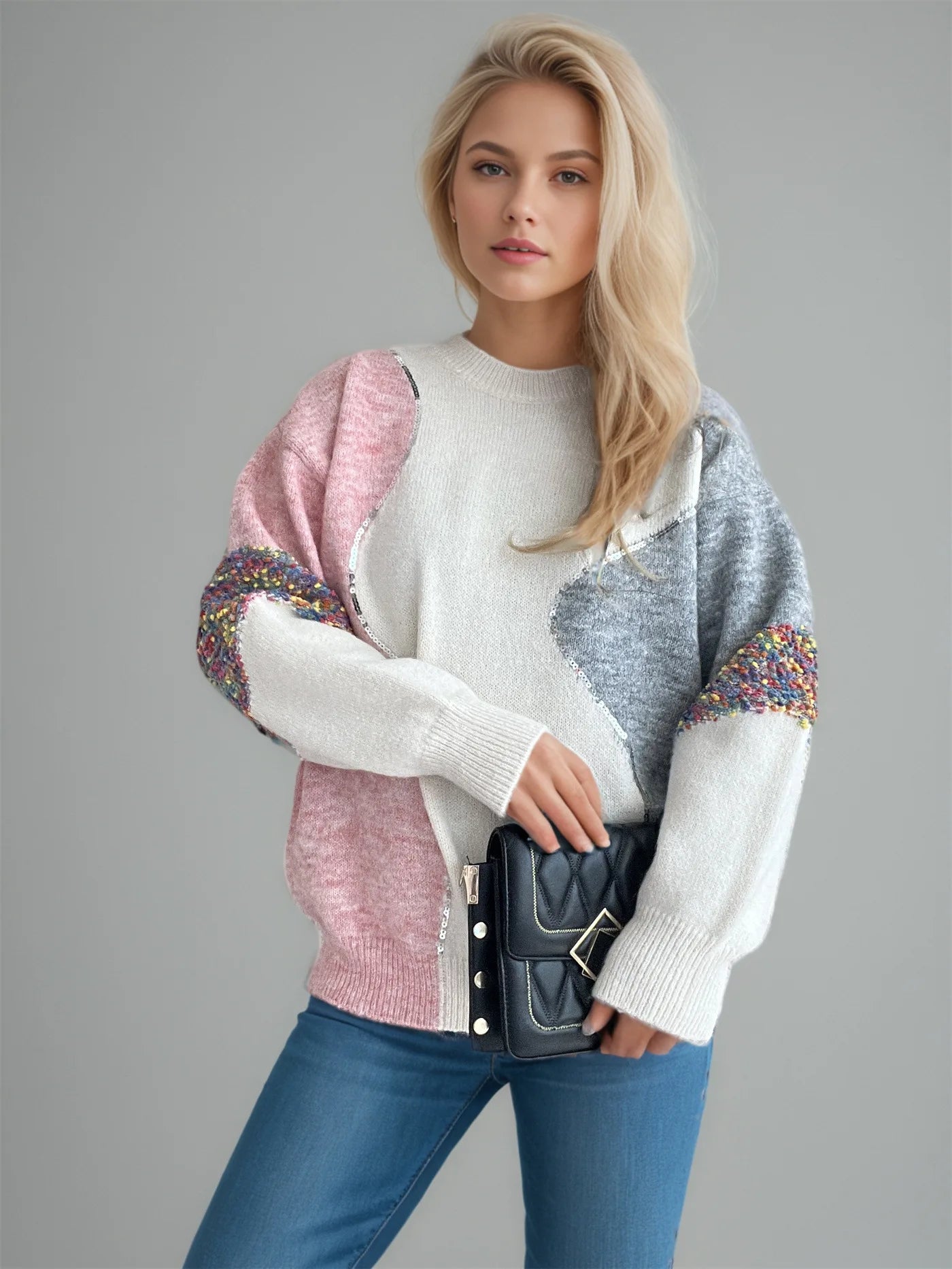 Maglione Design Patchwork con Dettagli Flock