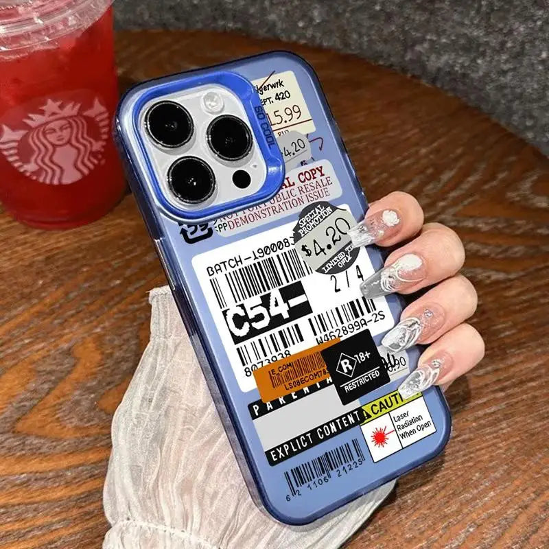 Funda con diseño de código de barras y collage de pegatinas para iPhone 13