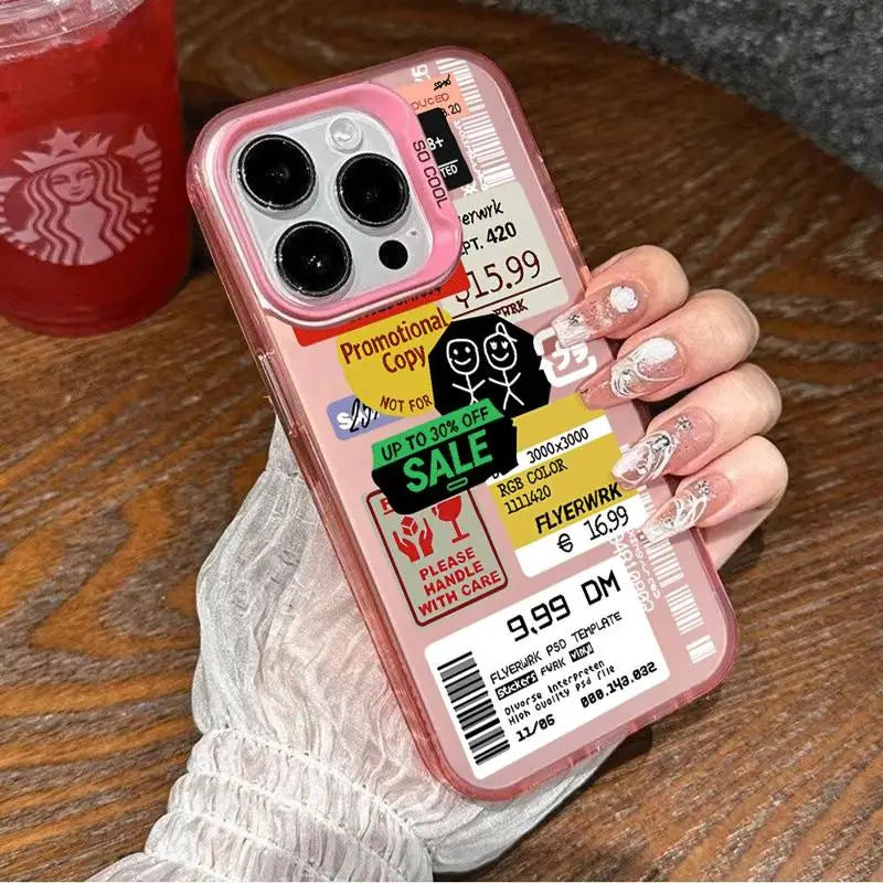 Funda con diseño de código de barras y collage de pegatinas para iPhone 13