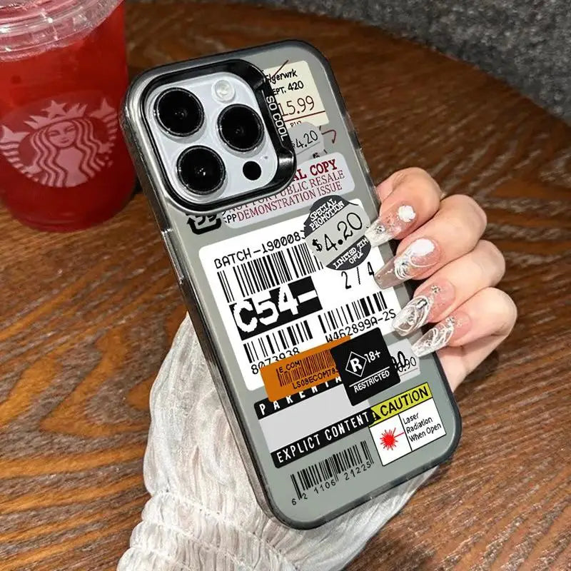 Custodia con Design Collage di Stickers e Codice a Barre per iPhone 12