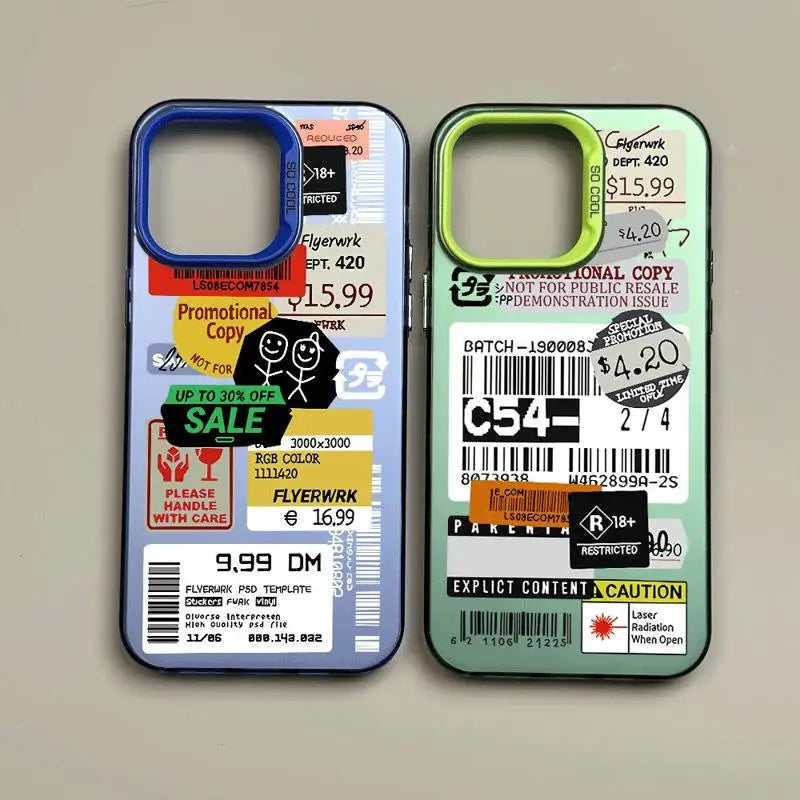 Custodia con Design Collage di Stickers e Codice a Barre per iPhone 15