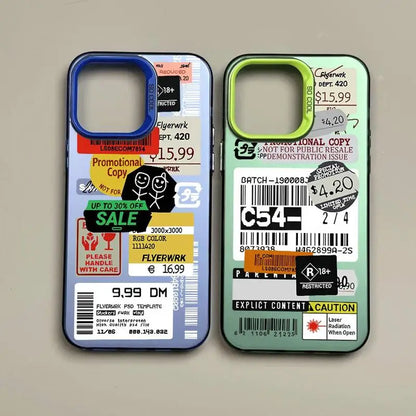 Custodia con Design Collage di Stickers e Codice a Barre per iPhone 15