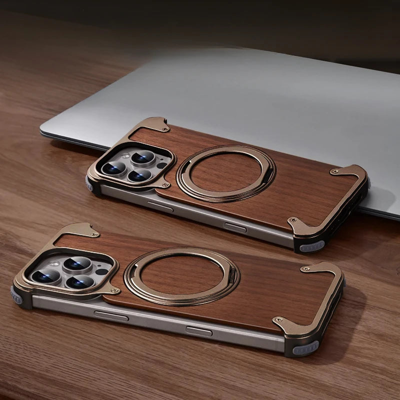 Funda magnética MagSafe en madera de nogal con anillo giratorio de 360° para iPhone 15