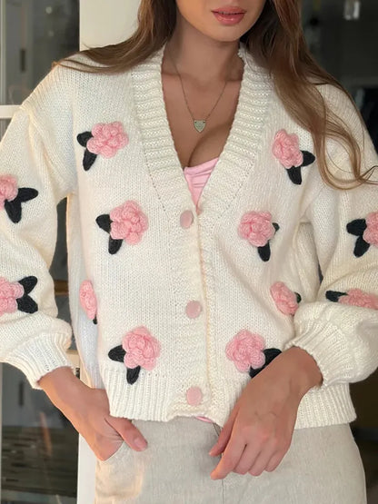 Maglia con Applicazioni Floreali e Scollo a V
