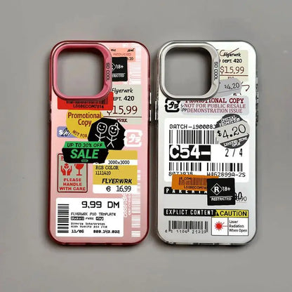 Custodia con Design Collage di Stickers e Codice a Barre per iPhone 15