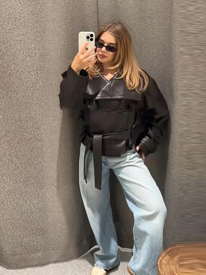 Giacca Donna in Pelle PU con Maxi Revers