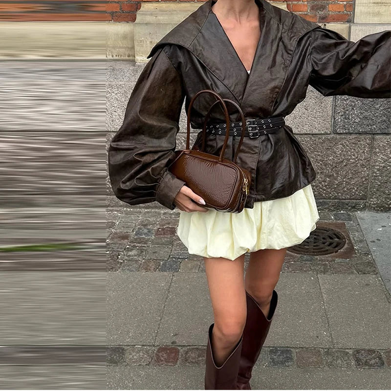 Giacca Donna in Pelle PU con Maniche a Lanterna