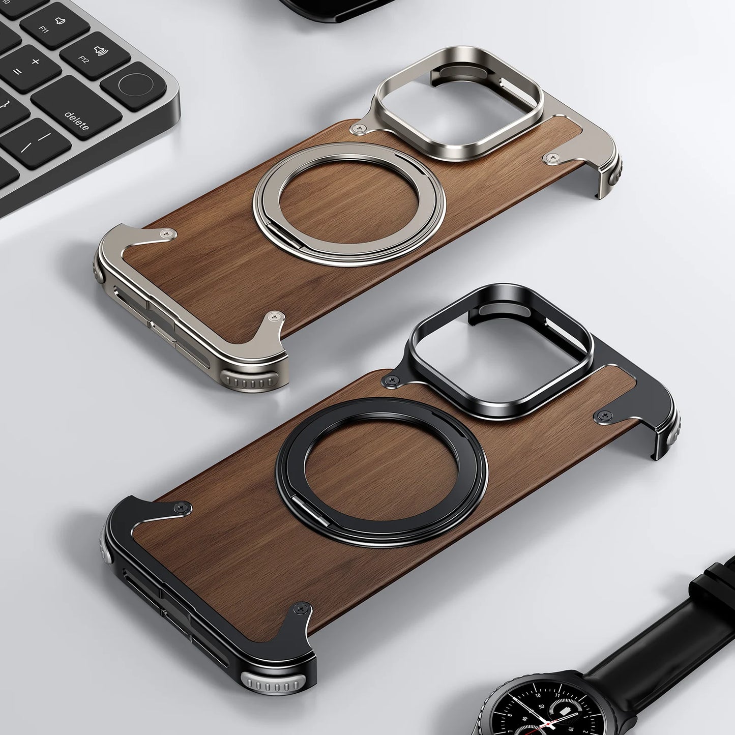 Funda Magnética MagSafe en Madera de Nogal con Anillo Giratorio de 360° para iPhone 14