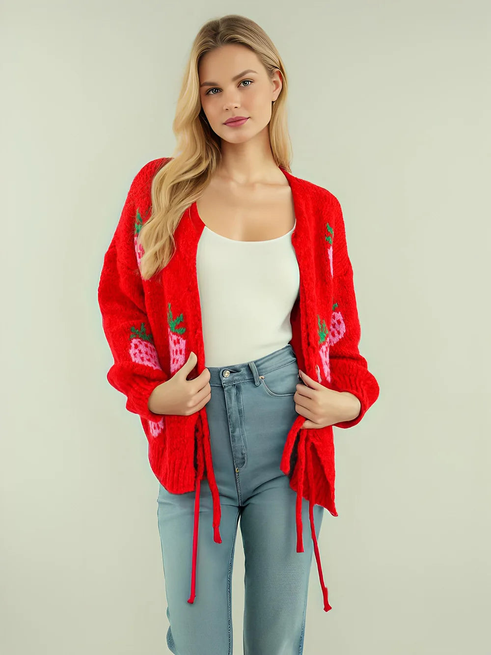 Cardigan con Ricamo Ciliegie