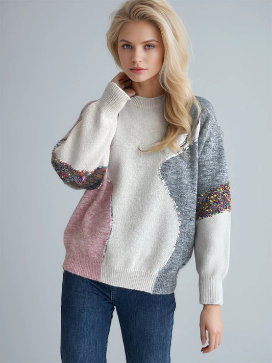 Maglione Design Patchwork con Dettagli Flock